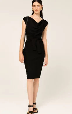 CHECKER COWL DRESS IN BLACK