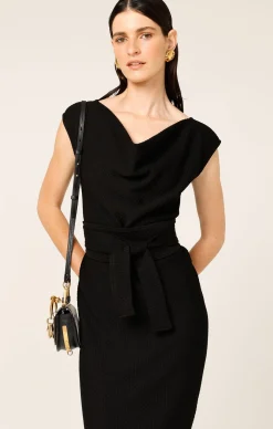 CHECKER COWL DRESS IN BLACK