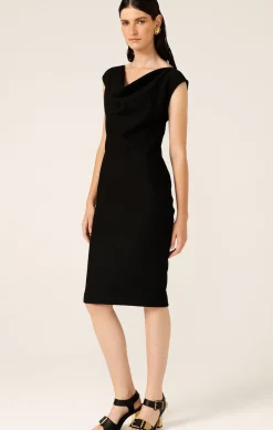 CHECKER COWL DRESS IN BLACK