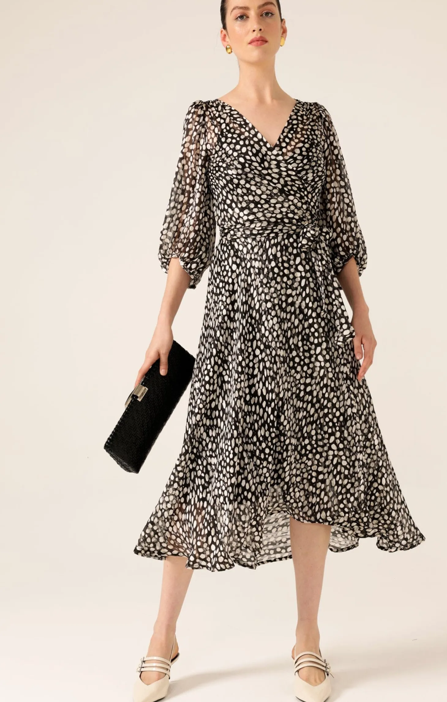 CLOUDLAND WRAP DRESS IN BLACK WHITE SPOT