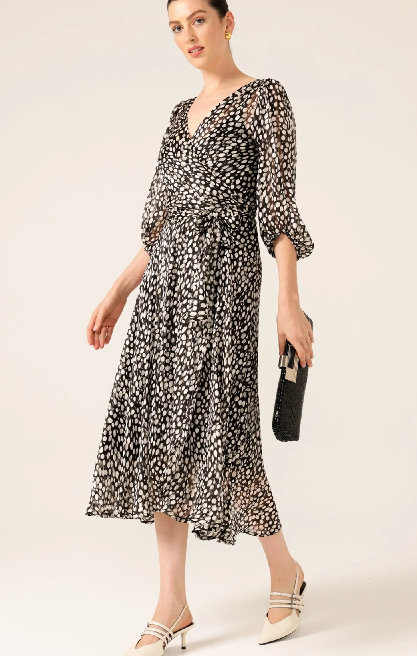 CLOUDLAND WRAP DRESS IN BLACK WHITE SPOT