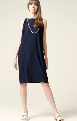 COLUMN DRAPE DRESS IN NAVY