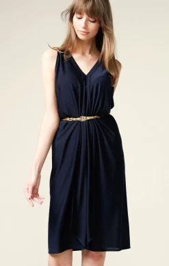 COLUMN DRAPE DRESS IN NAVY