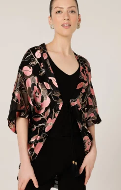 COURTESAN KIMONO IN BLACK PINK FLORAL
