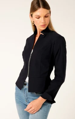 FRONT ZIP PEPLUM JACKET IN NAVY