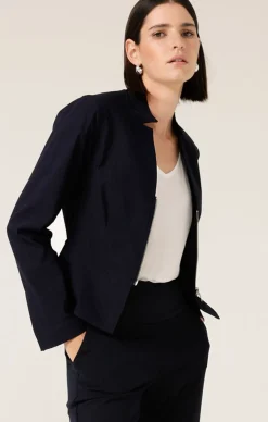FRONT ZIP PEPLUM JACKET IN NAVY