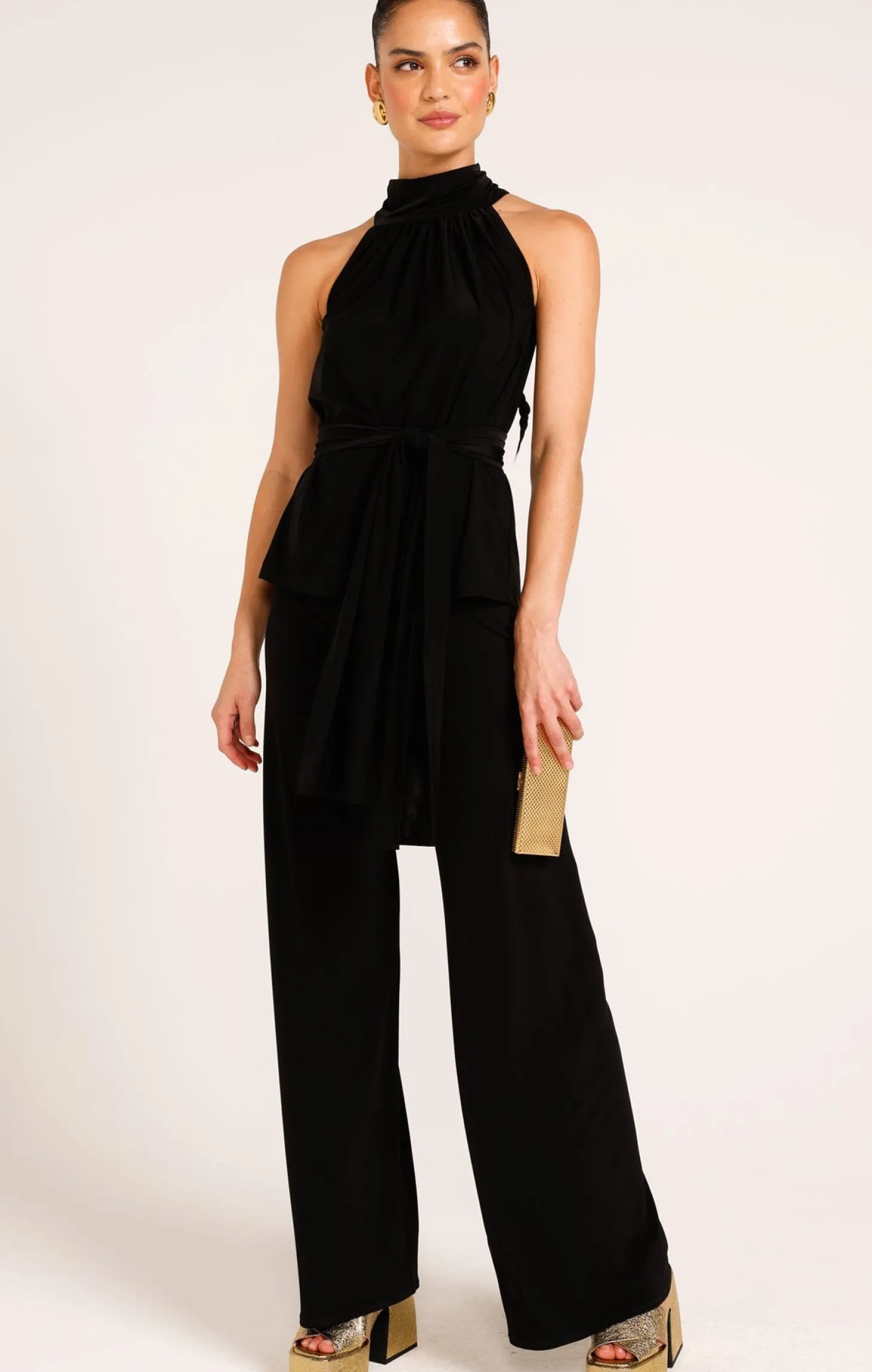 HIGH NECK TIE TOP IN BLACK