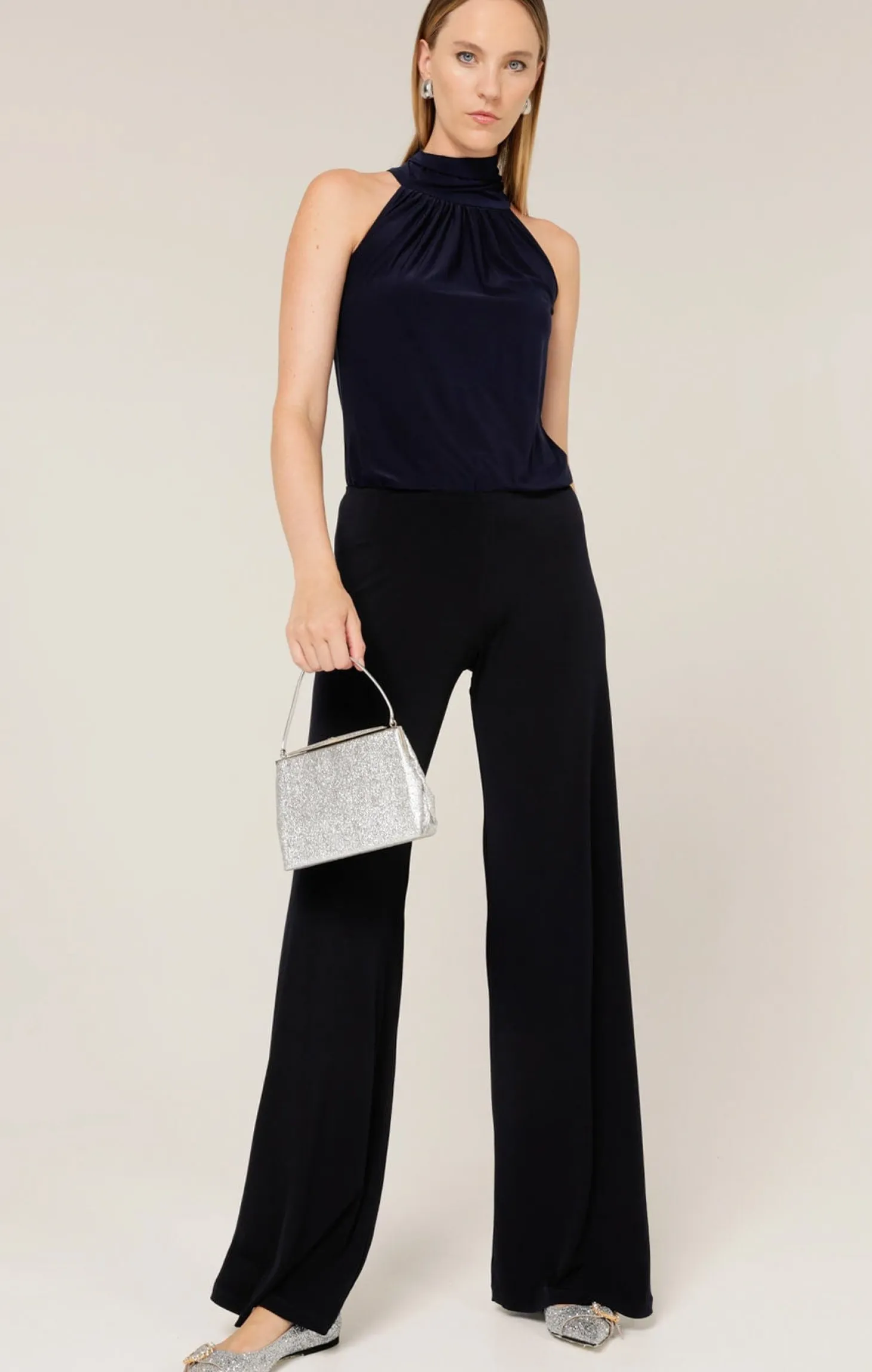 HIGH NECK TIE TOP IN NAVY