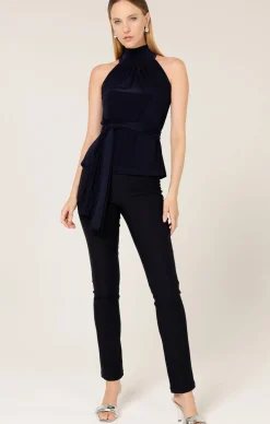 HIGH NECK TIE TOP IN NAVY