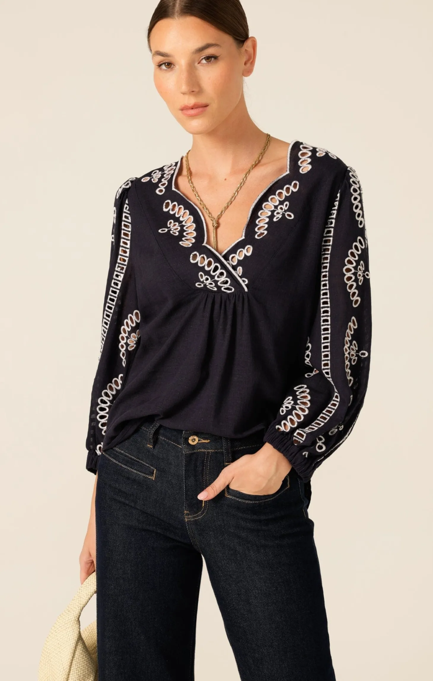 MORGAN EMBROIDERED LINEN VISCOSE BLOUSE