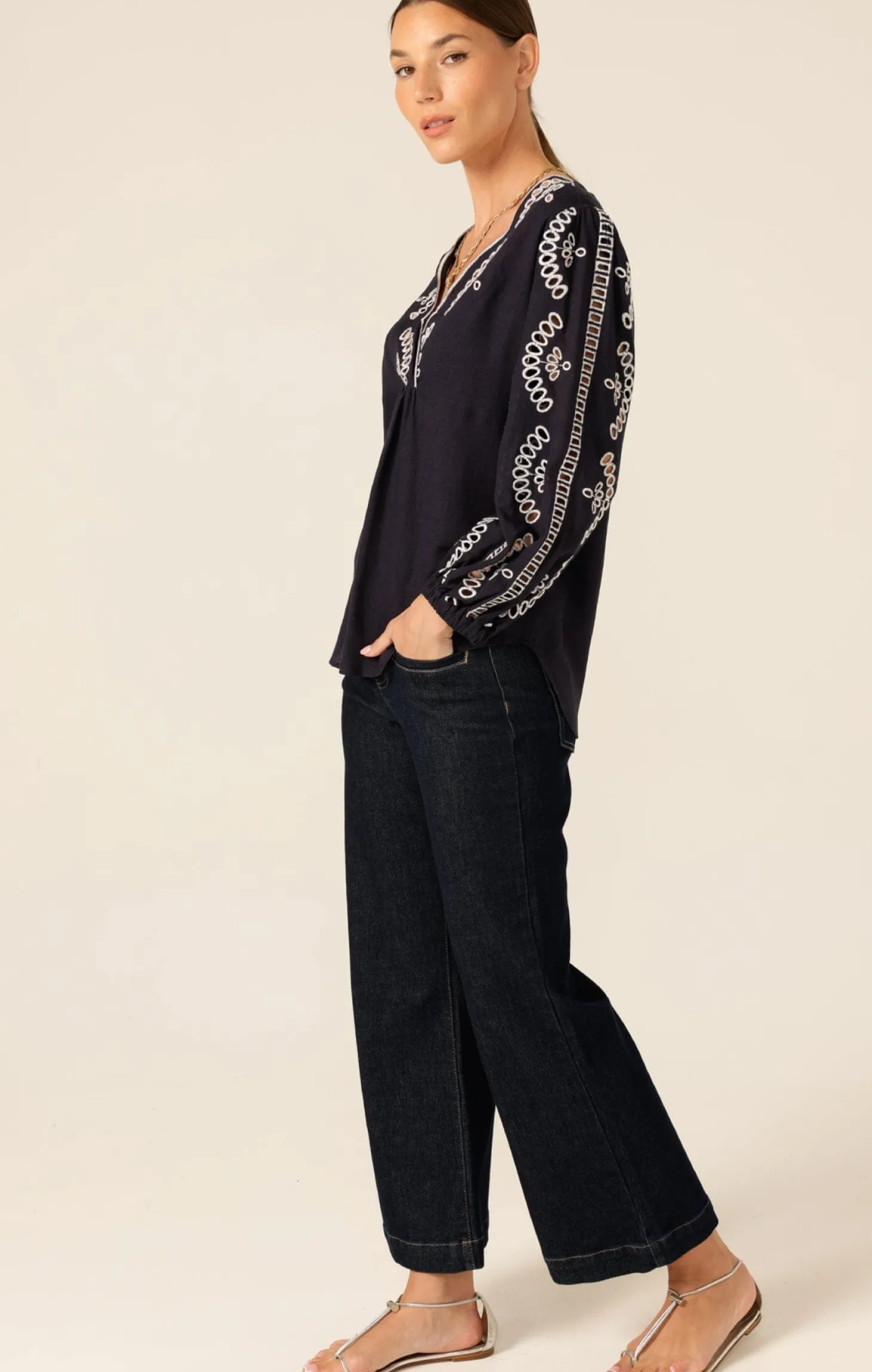 MORGAN EMBROIDERED LINEN VISCOSE BLOUSE