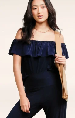 OFF SHOULDER FRILL TOP IN NAVY