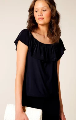 OFF SHOULDER FRILL TOP IN NAVY