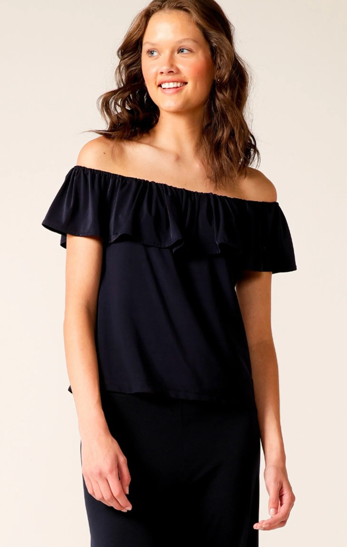 OFF SHOULDER FRILL TOP IN NAVY