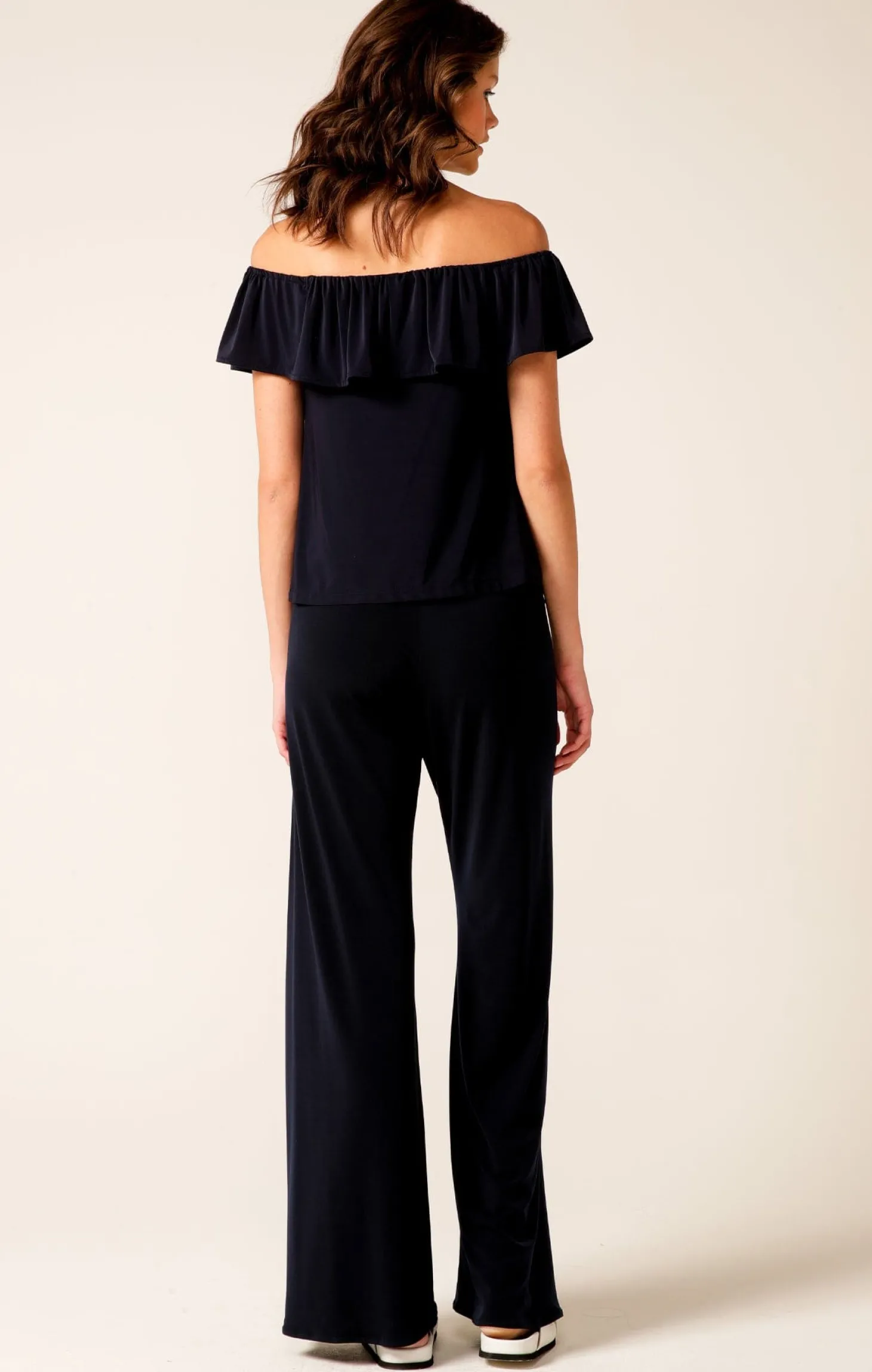 OFF SHOULDER FRILL TOP IN NAVY