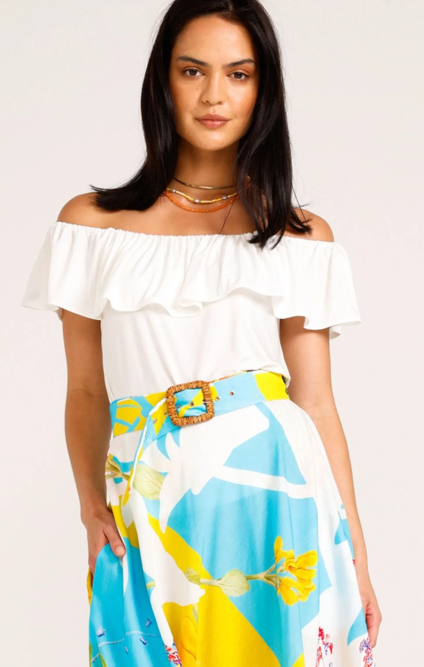 OFF SHOULDER FRILL TOP IN IVORY