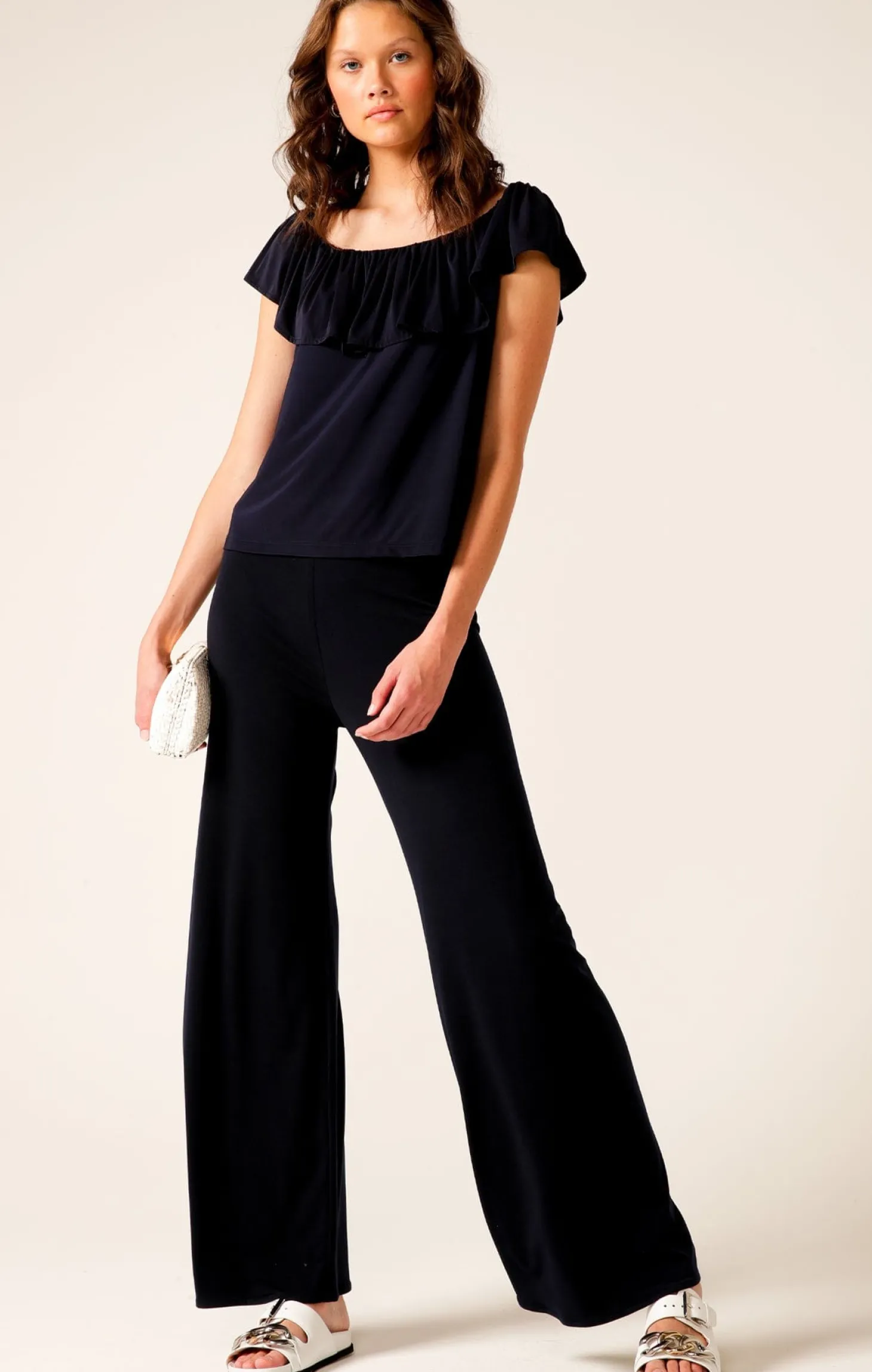 OFF SHOULDER FRILL TOP IN NAVY