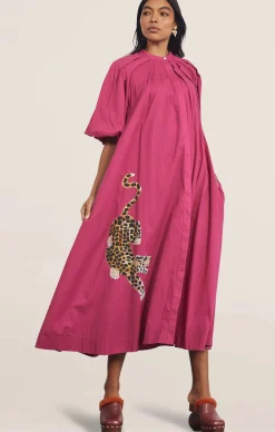 PLEATED NECK MIDI IN FUCHSIA