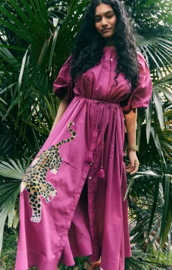 PLEATED NECK MIDI IN FUCHSIA