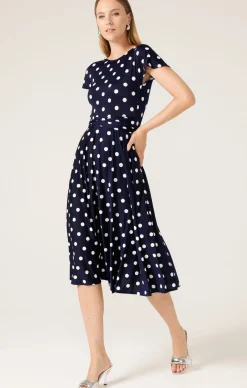 REVERSE WRAP MIDI DRESS IN NAVY WHITE SPOT