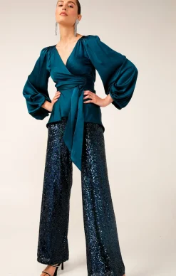 SEQUIN PALAZZO PANT IN PEACOCK
