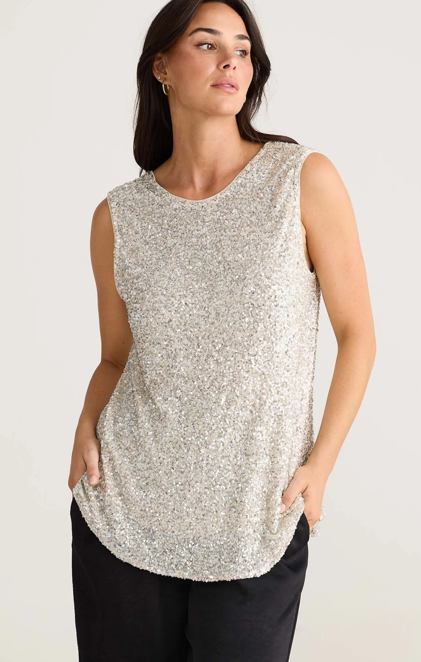 SHOW STOPPER TOP IN CHAMPAGNE SEQUIN