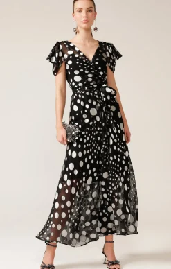 TWILIGHT SHIMMER MAXI WRAP DRESS IN BLACK SILVER SPOT