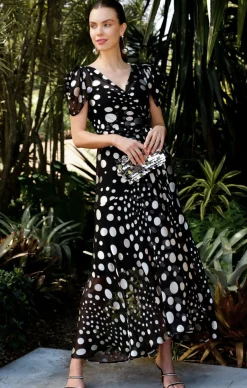 TWILIGHT SHIMMER MAXI WRAP DRESS IN BLACK SILVER SPOT