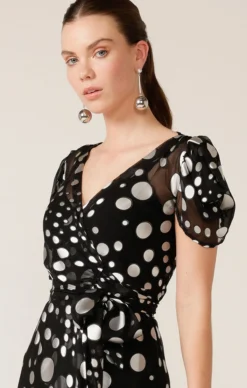 TWILIGHT SHIMMER MAXI WRAP DRESS IN BLACK SILVER SPOT