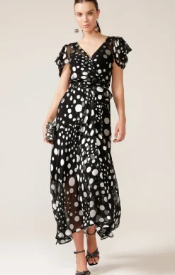 TWILIGHT SHIMMER MAXI WRAP DRESS IN BLACK SILVER SPOT