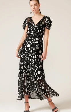 TWILIGHT SHIMMER MAXI WRAP DRESS IN BLACK SILVER SPOT