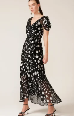 TWILIGHT SHIMMER MAXI WRAP DRESS IN BLACK SILVER SPOT