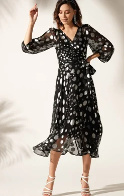 WONDERLAND MIDI WRAP DRESS IN BLACK SILVER SPOT
