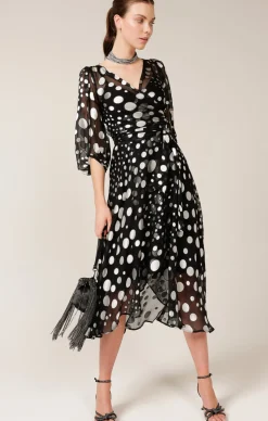 WONDERLAND MIDI WRAP DRESS IN BLACK SILVER SPOT