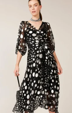 WONDERLAND MIDI WRAP DRESS IN BLACK SILVER SPOT