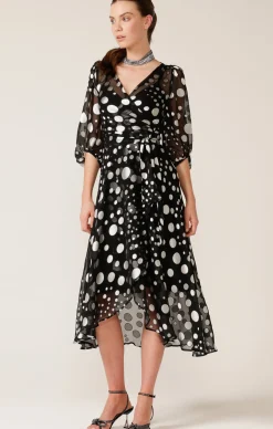 WONDERLAND MIDI WRAP DRESS IN BLACK SILVER SPOT