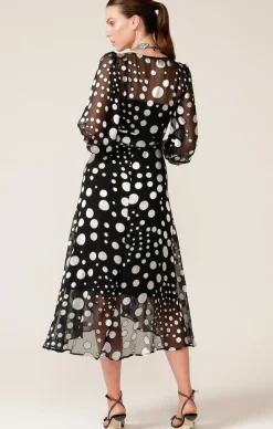 WONDERLAND MIDI WRAP DRESS IN BLACK SILVER SPOT